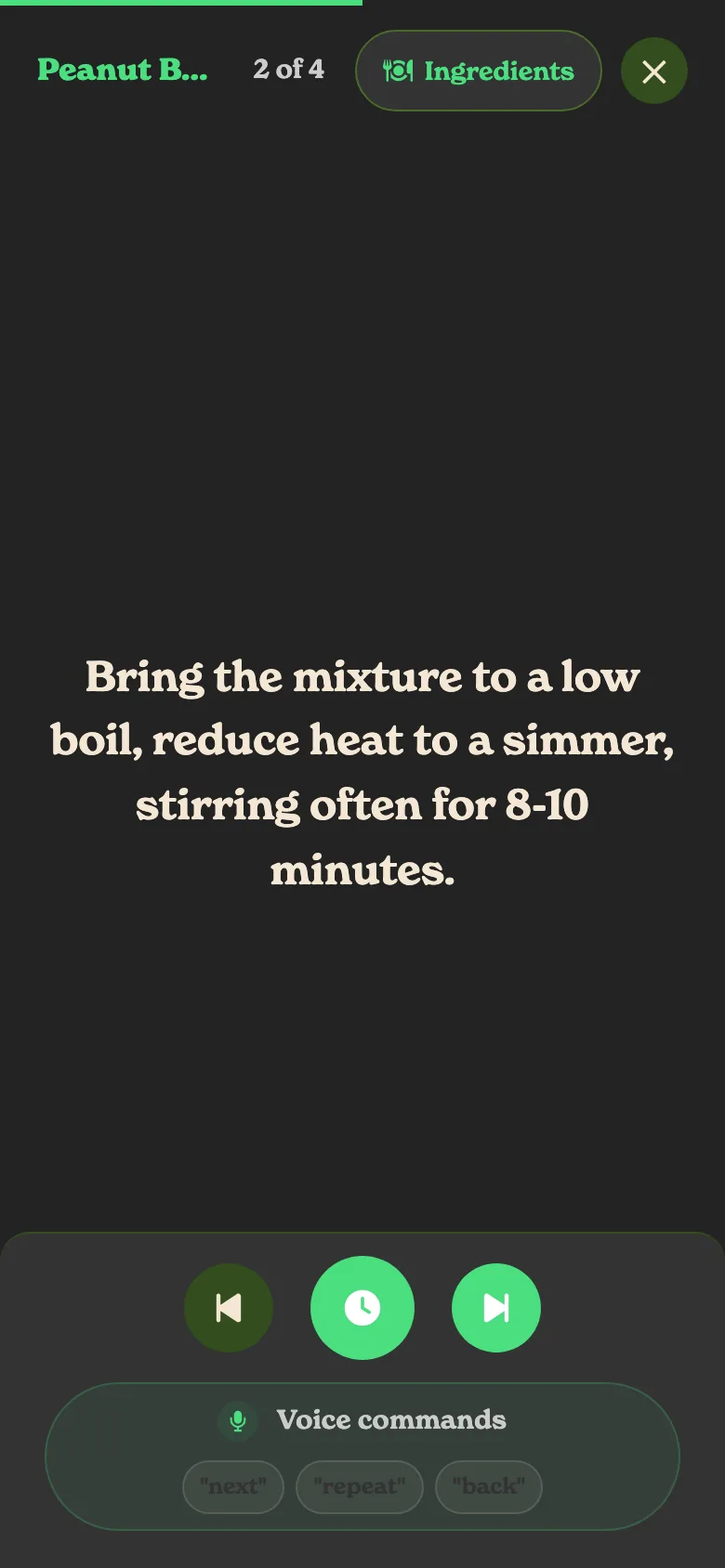 Cook Mode showing one step at a time