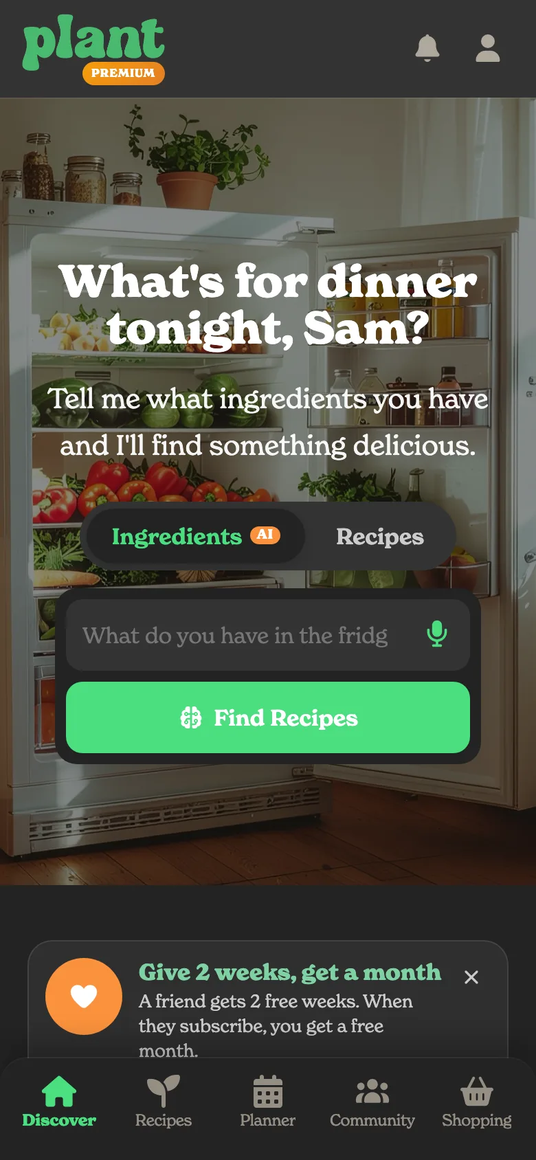 Plant's Discover page with today's recipes