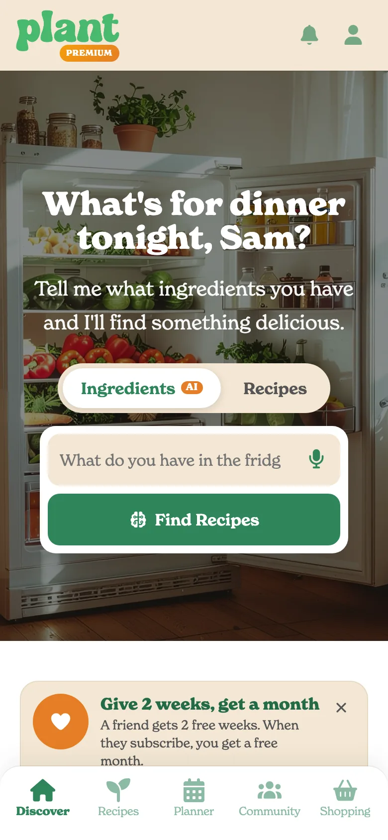 Plant's Discover page with today's recipes