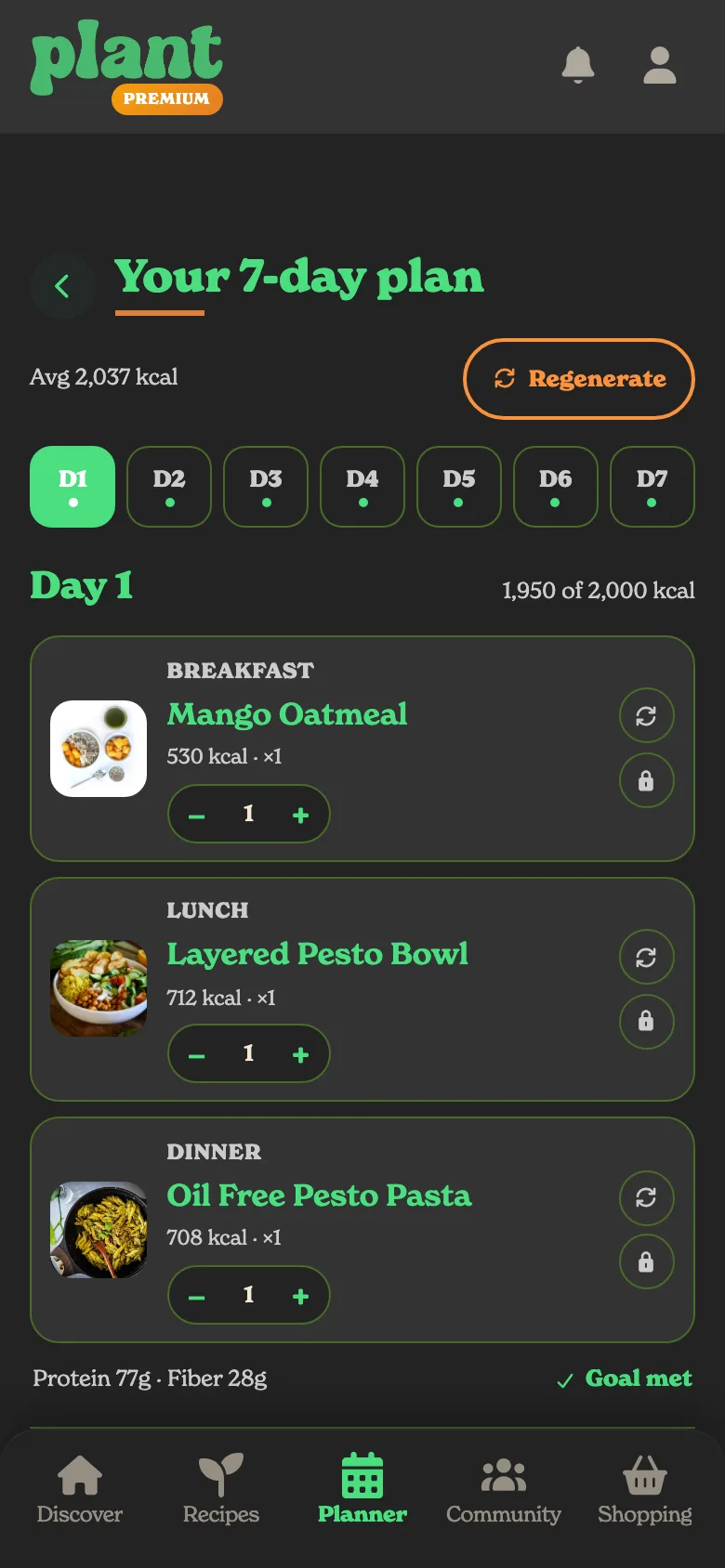A week of meals generated in Plant