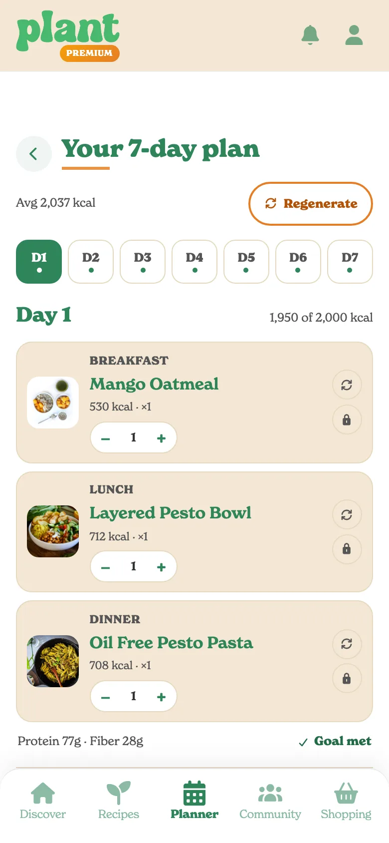 A week of meals generated in Plant