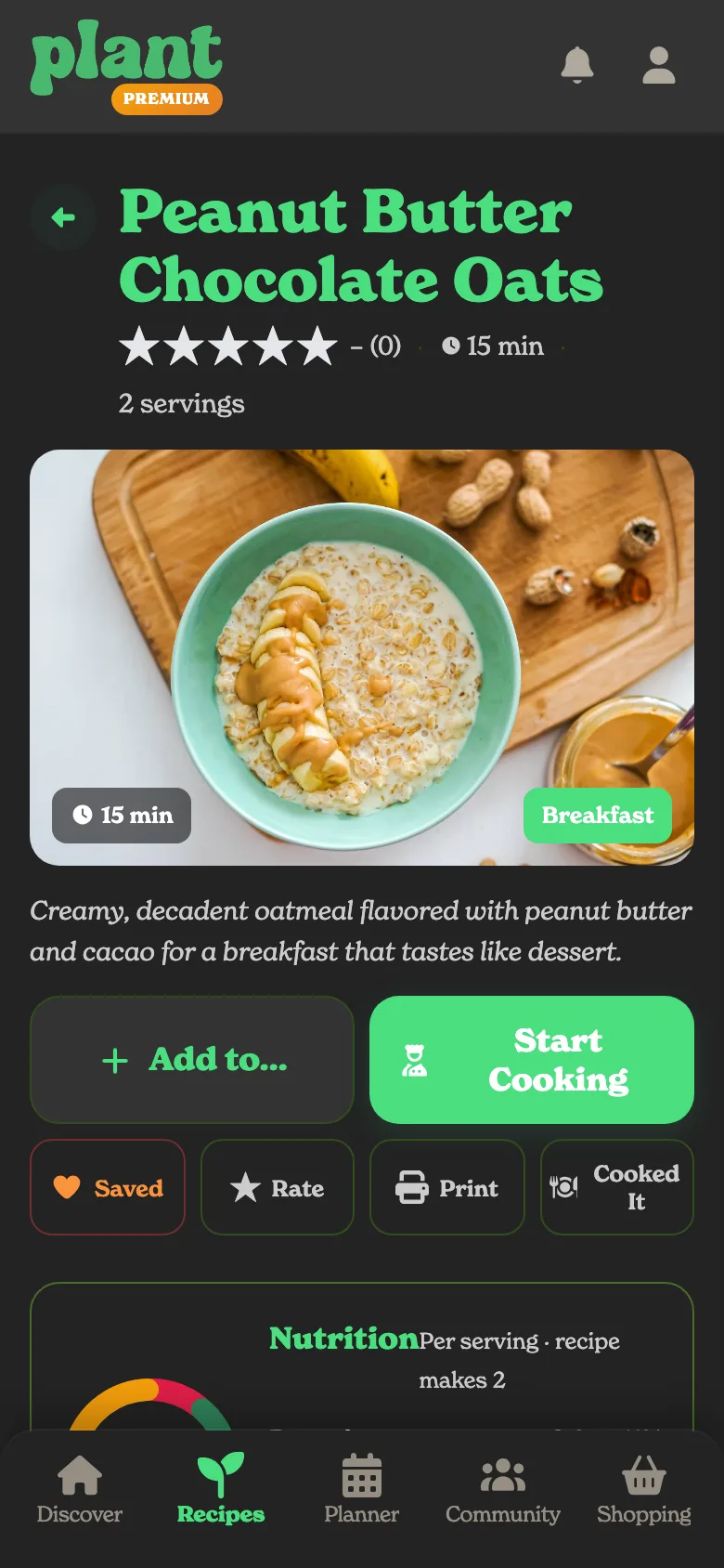 A recipe in Plant with ingredients and nutrition