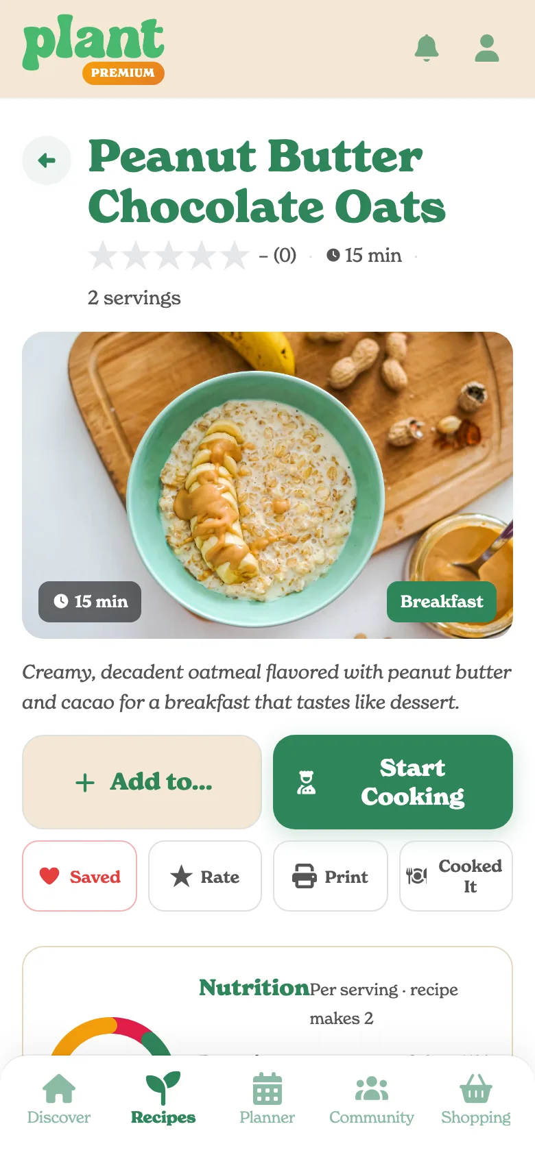 A recipe in Plant with ingredients and nutrition