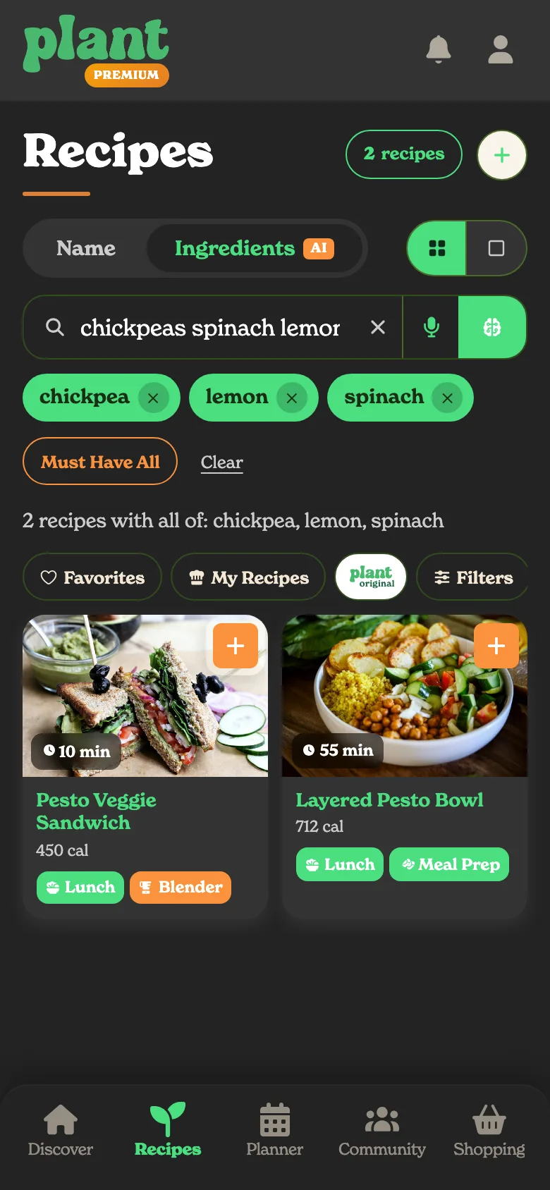 Recipe search by ingredient in Plant
