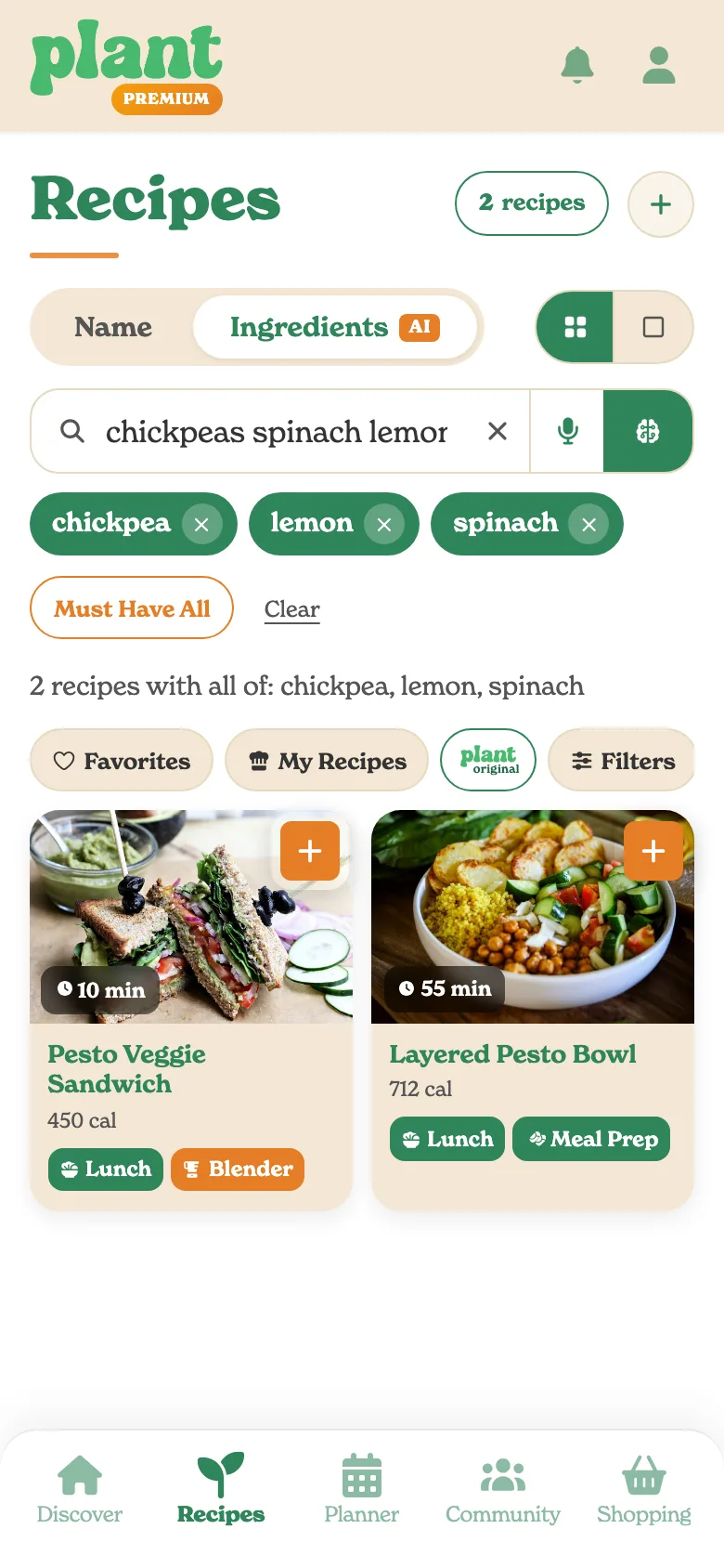 Recipe search by ingredient in Plant